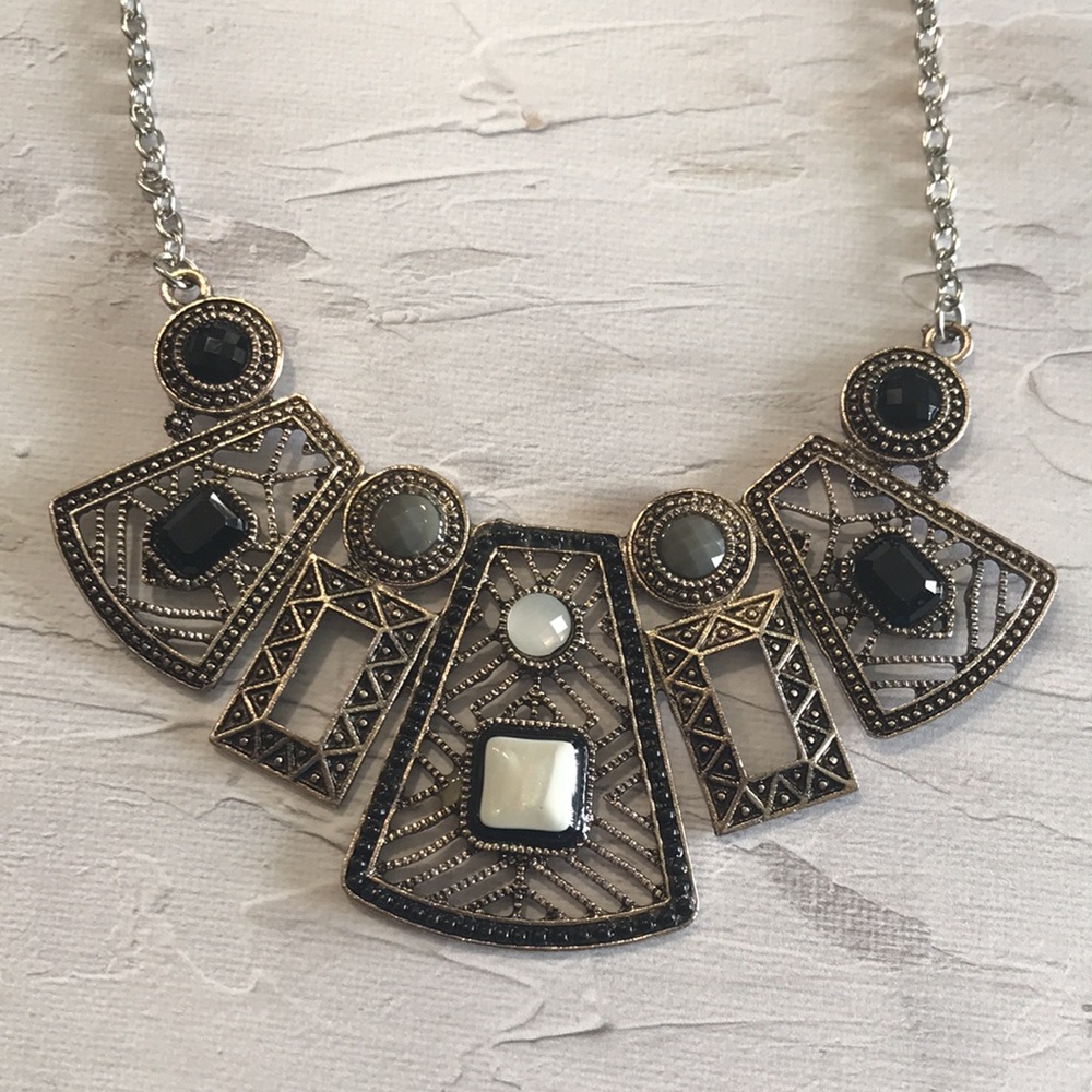 Vintage Statement Necklace Silver Tone with Black/White/Grey Faux Gems